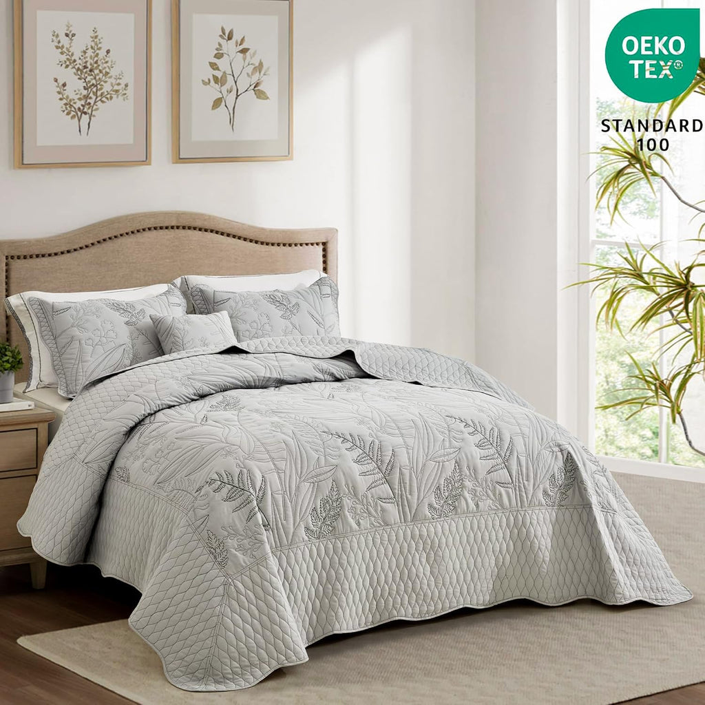 DaisyHuang Botanical Oversized Bedspread King Size - Leaves Pattern Stitching Quilt Set - Elegant & Fresh Style Bedding Coverlets, Reversible, Lightweight, 5 Piece, Grey
