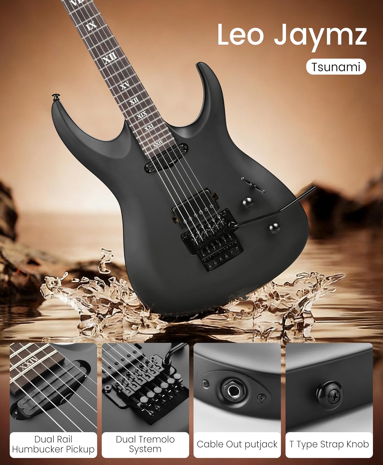 Leo Jaymz Tsunami Electric Guitar Mahogany Body & Roasted Maple Neck, HH Pickups with Rail, Double-Locking Tremolo, 24 Frets (Matte Black)