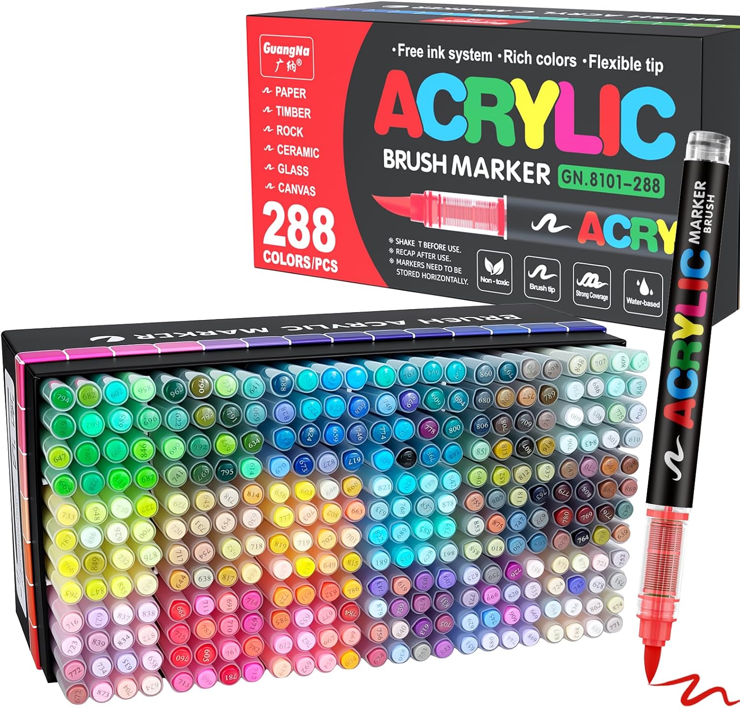Guangna 288 Acrylic Paint Markers, Brush Tip Acrylic Paint Pens, Quick-Drying Waterproof Ink, for Rock Painting Plastic Wood Canvas Glass Ceramic Metal Art Crafts Supplies Gift