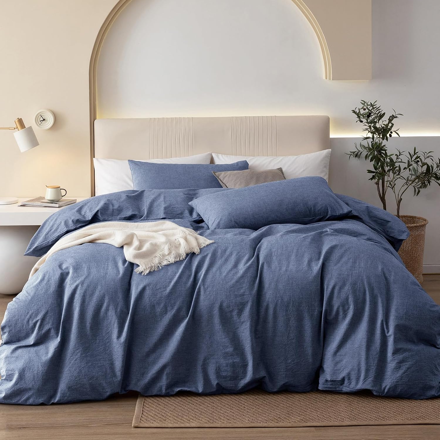 JIYUAN Super King Plus Duvet Cover Set, 3-Piece - 100% Washed Cotton, Linen-Like Soft & Breathable with Zipper Closure, Includes 120x120 Inch Cover & 2 Pillowcases, Heathered Blue