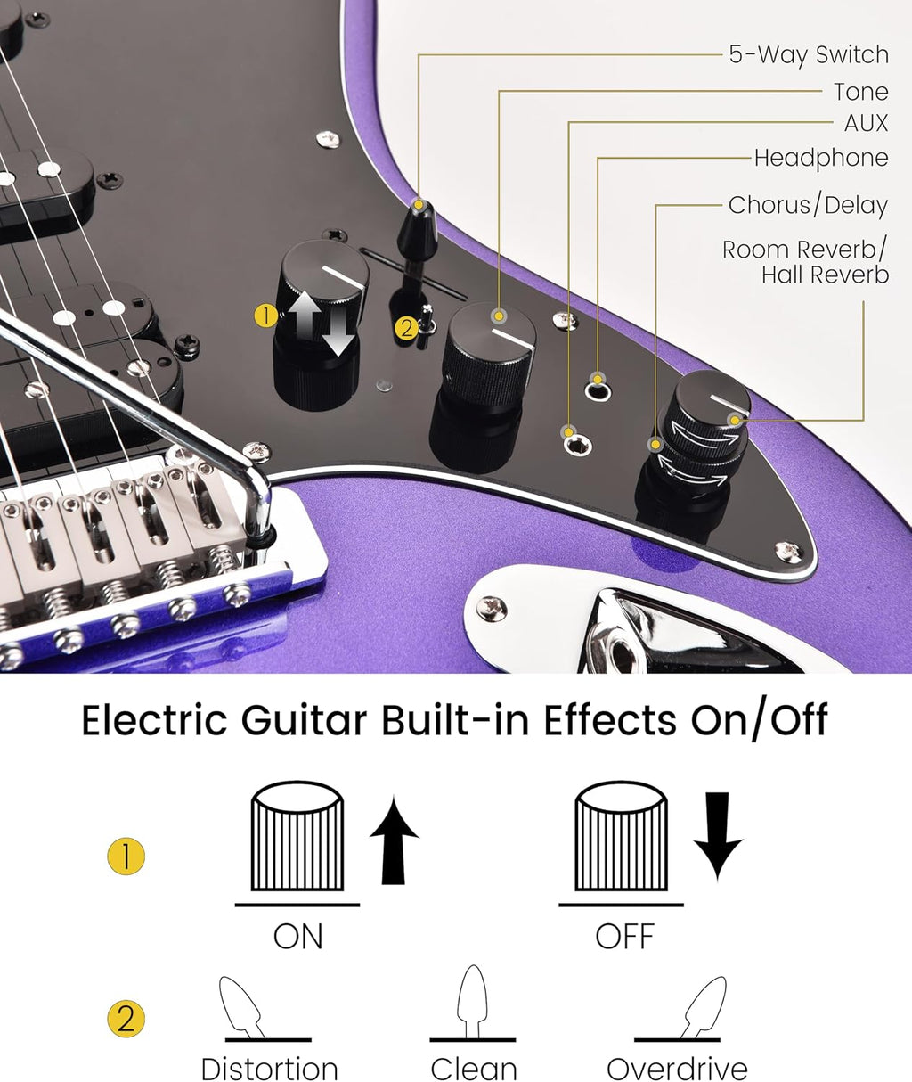 Leo Jaymz Character Series Electric Guitar with Roasted Maple Neck, SSH Active Pickups, Built-in Multi-Effects & Vintage Tremolo (Purple)