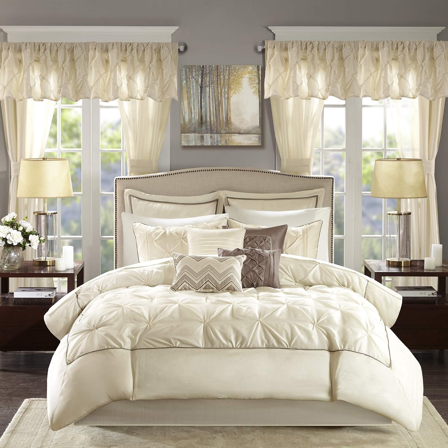 Madison Park Essentials Room in a Bag Faux Silk Comforter Set - Luxe Diamond Tufting All Season Bedding, Matching Curtains, Decorative Pillows, Ivory Cal King(104'x92') 24 Piece