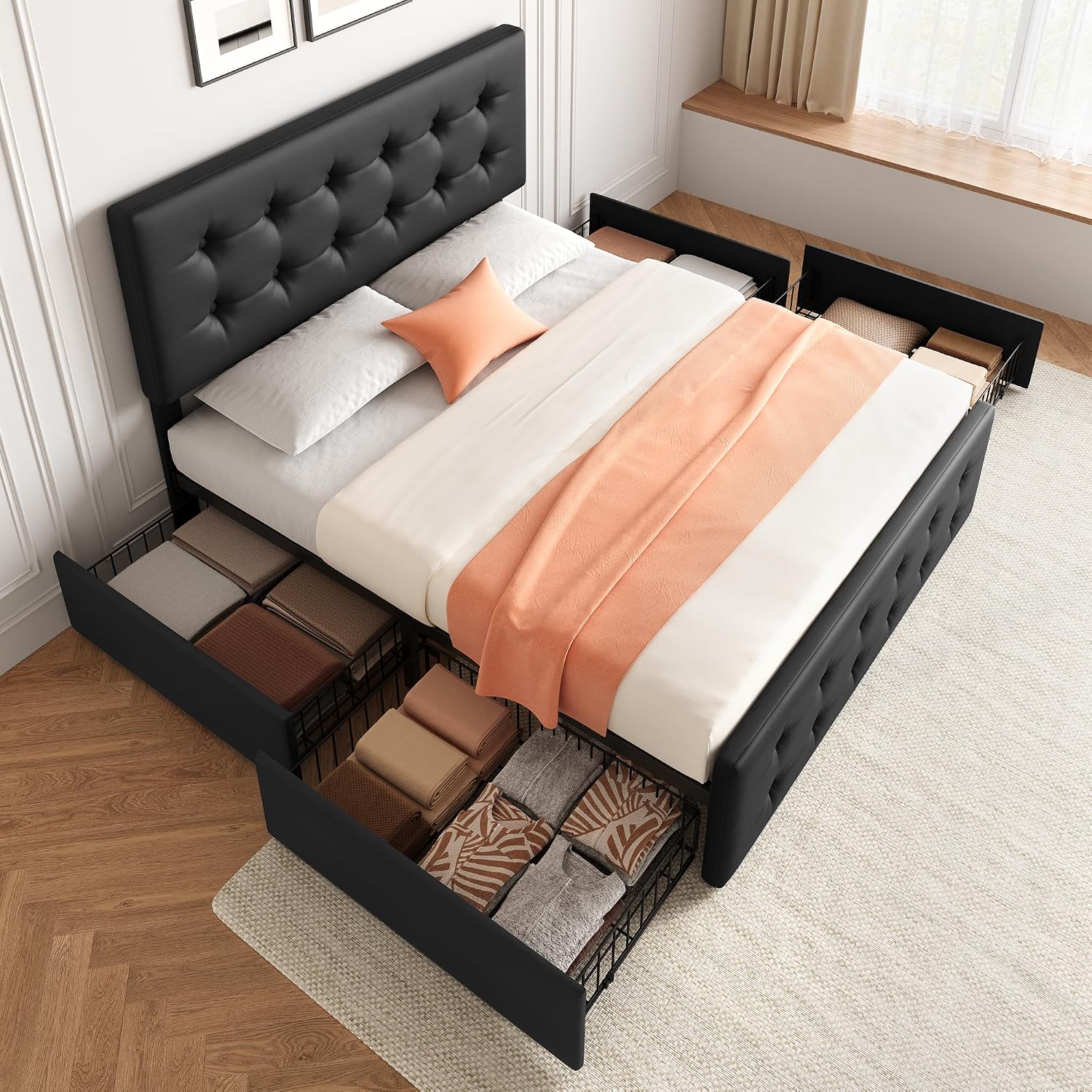 Full Size Platform Bed Frame with 4 Storage Drawers & Headboard, Faux Leather Upholstered, Button Tufted Design, Wooden Slats Support, Noise-Free Mattress Foundation, No Box Spring Needed, Black