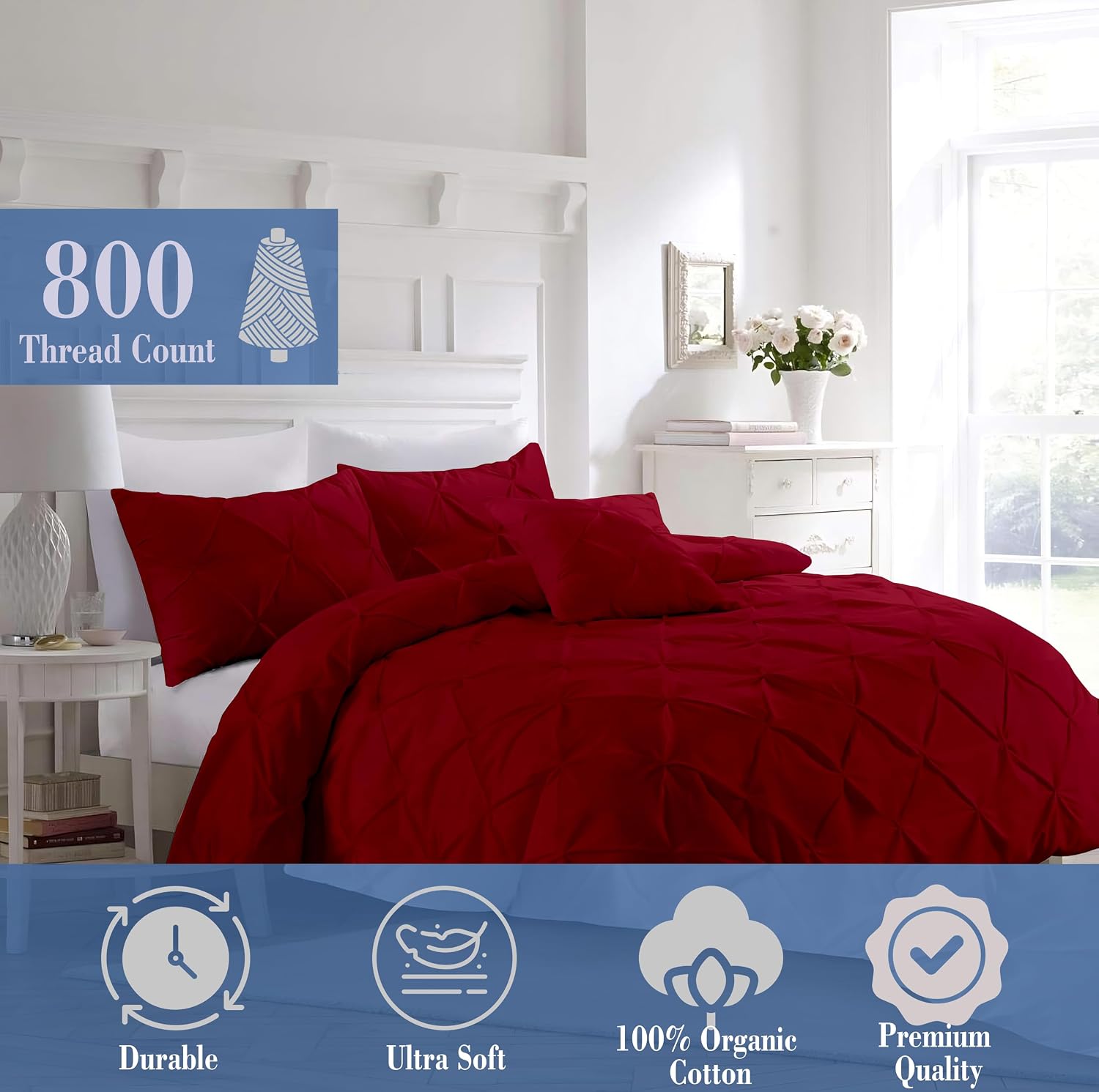 Luxury Burgundy Pinch Pleated Pintuck Duvet Cover Set Oversized King Plus 120'x128' Size Egyptian Cotton Luxury Soft & Breathable Comforter Cover with Corner Ties & Zipper Closure