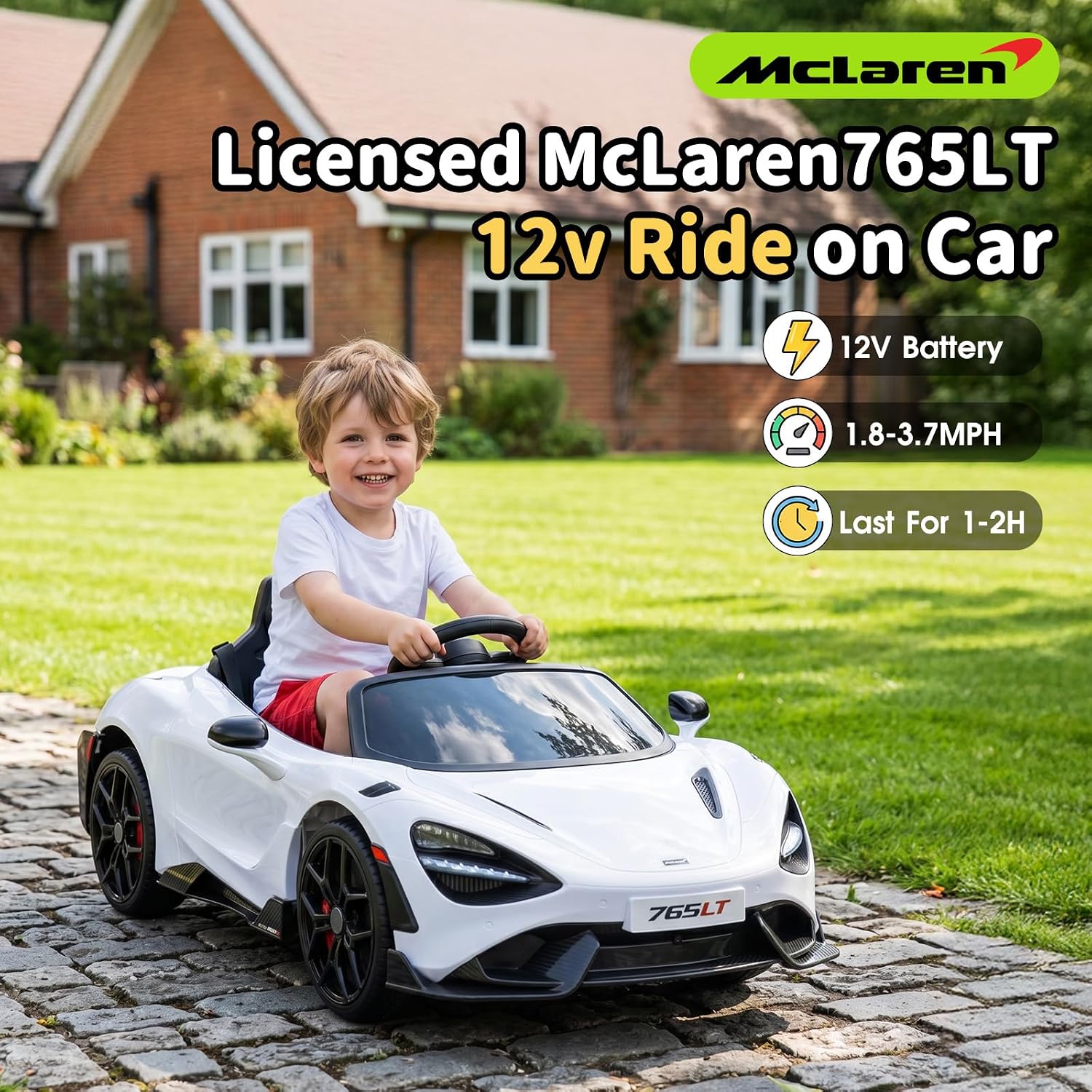 Kids Ride-on Car Licensed McLaren765LT for 3-6Years Old, Electric car 12V Battery Powered Electric Vehicle, w/Parent Remote, Music Player, LED Lights, Smooth Start, 3 Speeds, (White)