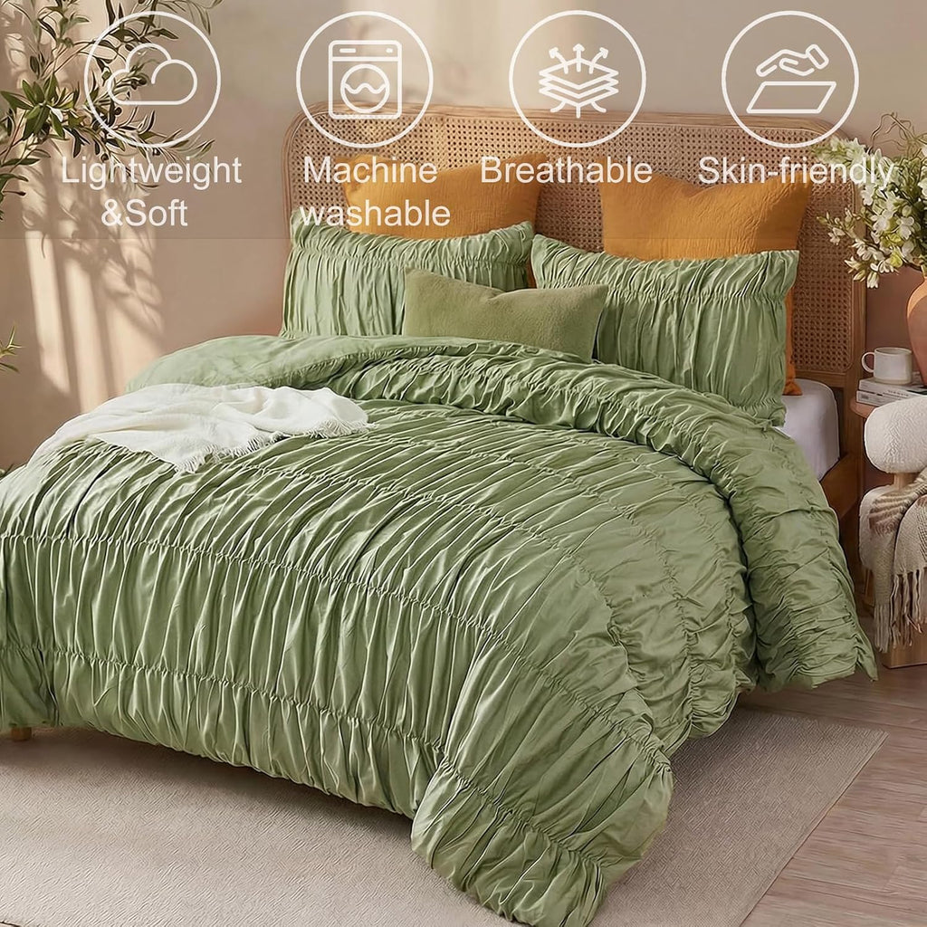 Bedbay Ruched Comforter Set King Size,100% Cotton Boho Bedding Set,Avocado Green Cinched Fluffy Comforter for Bedroom,3 Pcs Vintage Ruffle Bedding Aesthetic Room Decor for All Seasons