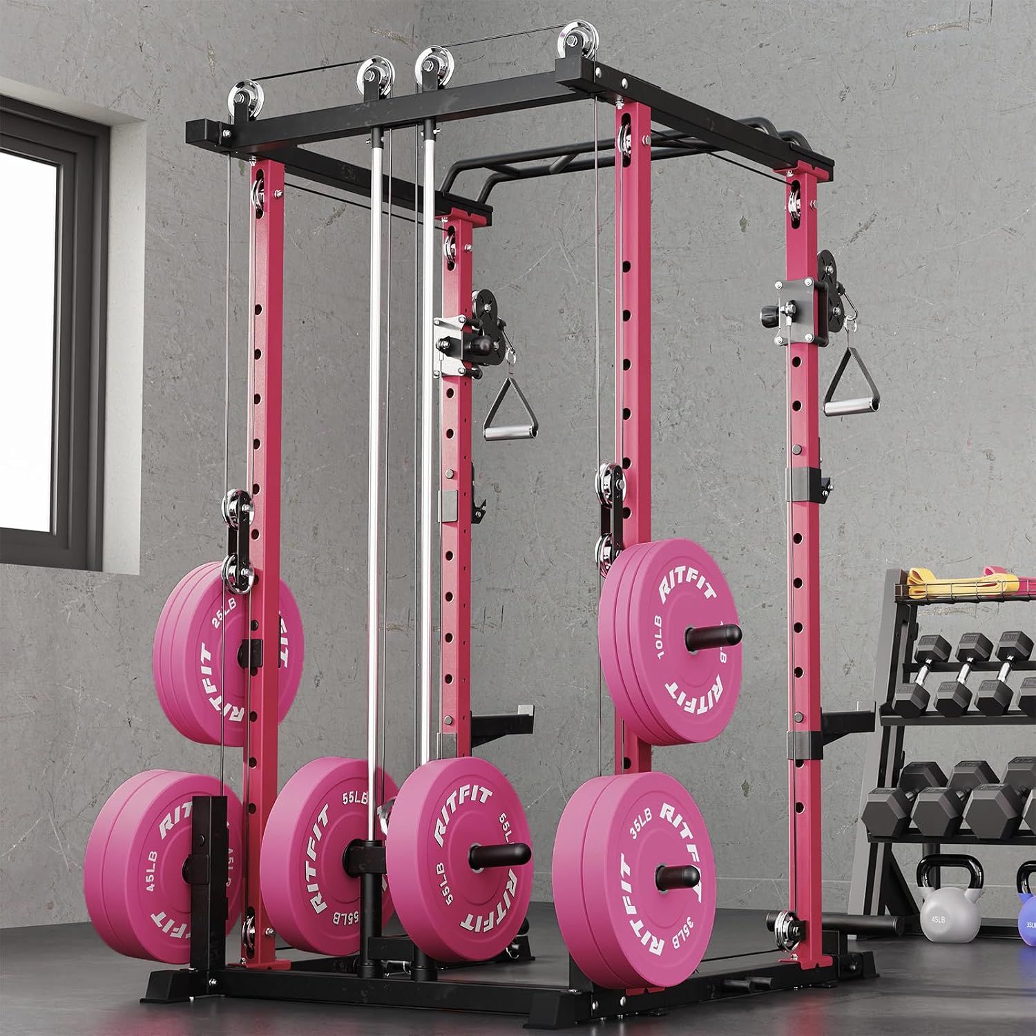 RitFit Multi-Function Garage & Home Gym Package Includes 1200LBS Power Cage PPC03/P3 with Cable Crossover System, Weight Bench, Olympic Barbell Weight Set, Full Body Workout