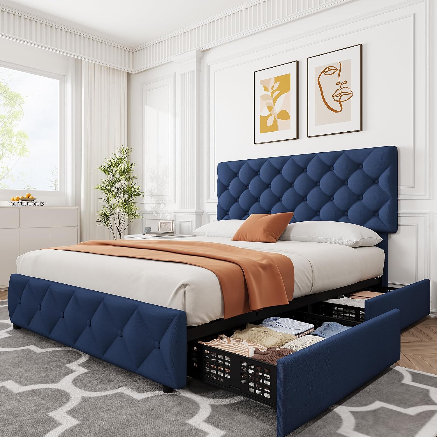 GAOMON Full Size Bed Frame with 4 Storage Drawers, Linen Upholstered Platform Bed Frame with Headboard and Footboard, Wooden Slats Support, Diamond Stitched Button Tufted, No Box Spring Needed, Blue