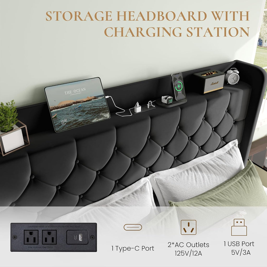 SHA CERLIN King Size Platform Bed Frame with Charging Station, Velvet Wingback Headboard with Storage Shelf, Wooden Slats Support, Ample Under-Bed Space, No Box Spring Needed, Easy Assembly, Black