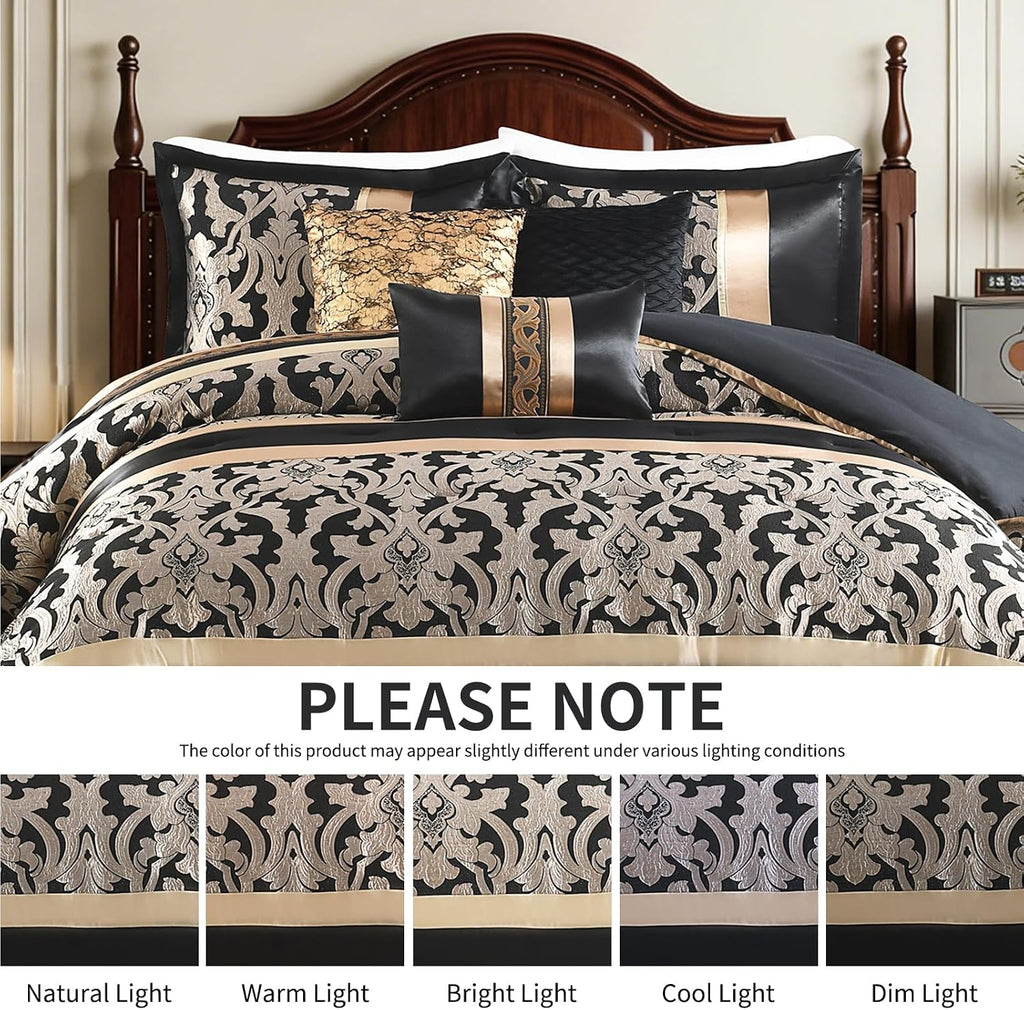 Black and Gold King Size Comforter Set, Damask Jacquard 7 Piece Soft Bedding Set for All Season, Bed Skirt, Pillow Shams and Decorative Pillows