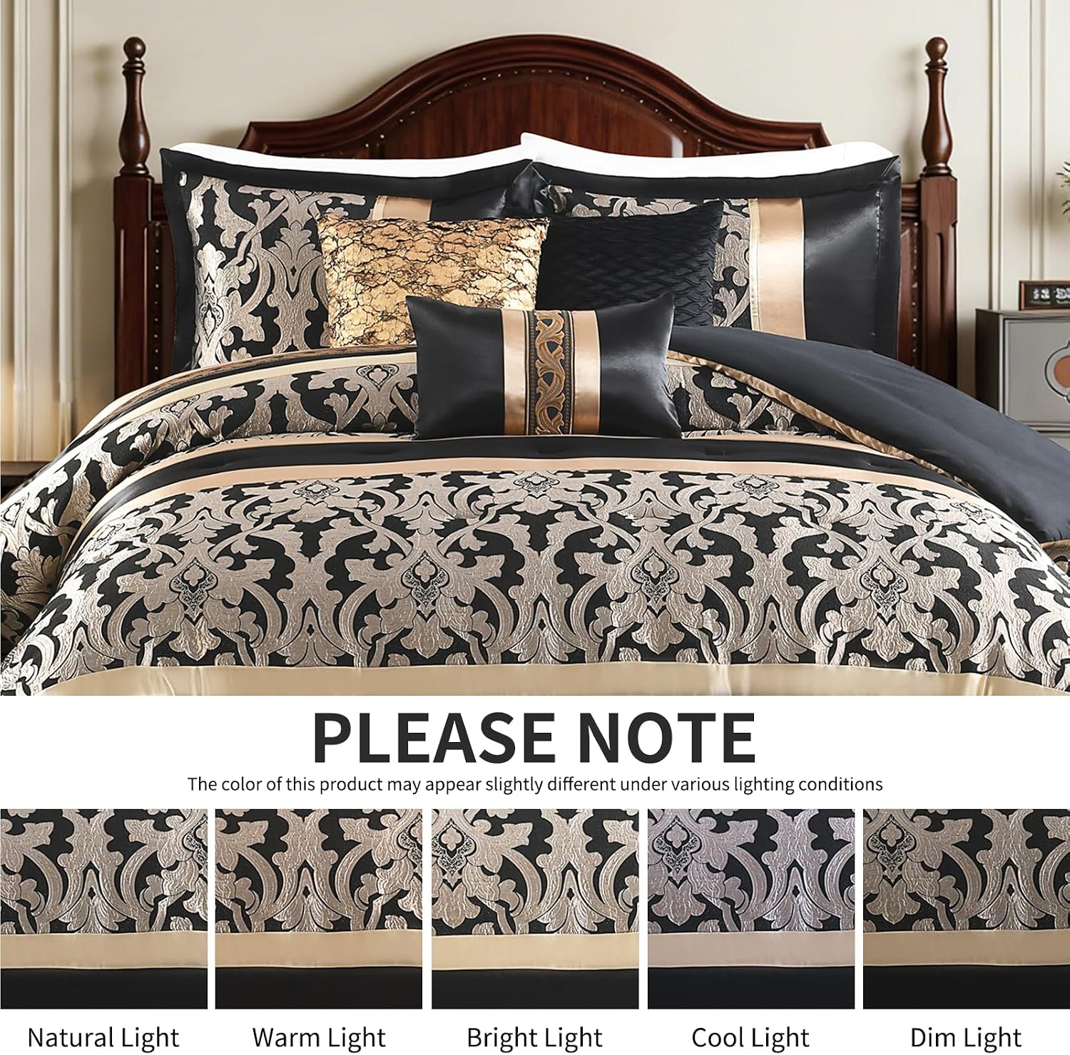 Black and Gold King Size Comforter Set, Damask Jacquard 7 Piece Soft Bedding Set for All Season, Bed Skirt, Pillow Shams and Decorative Pillows