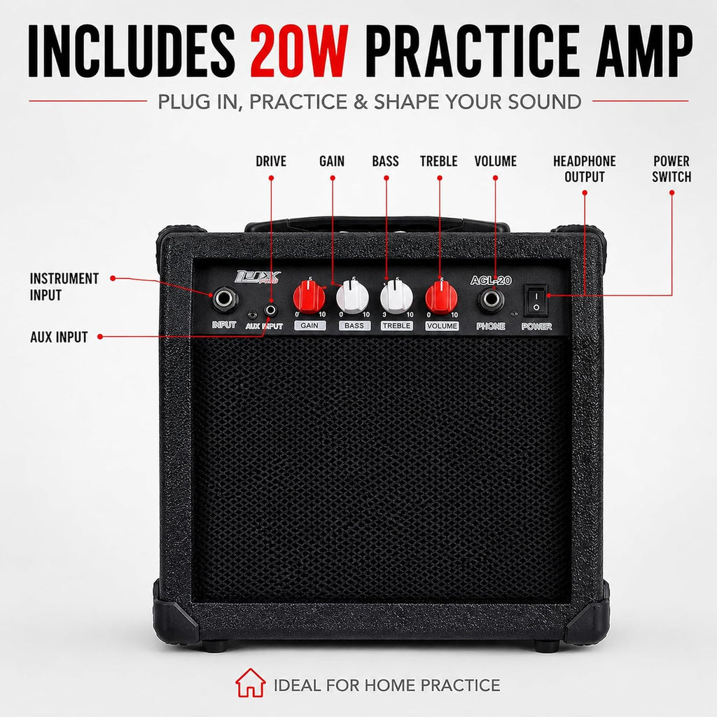 LyxPro 39 Inch Electric Guitar Beginner Kit, Full Size Right Handed Starter Set with 20W Amp, Gig Bag, Digital Tuner, Strap, Picks, Strings, Cable, Tremolo Bar, Black