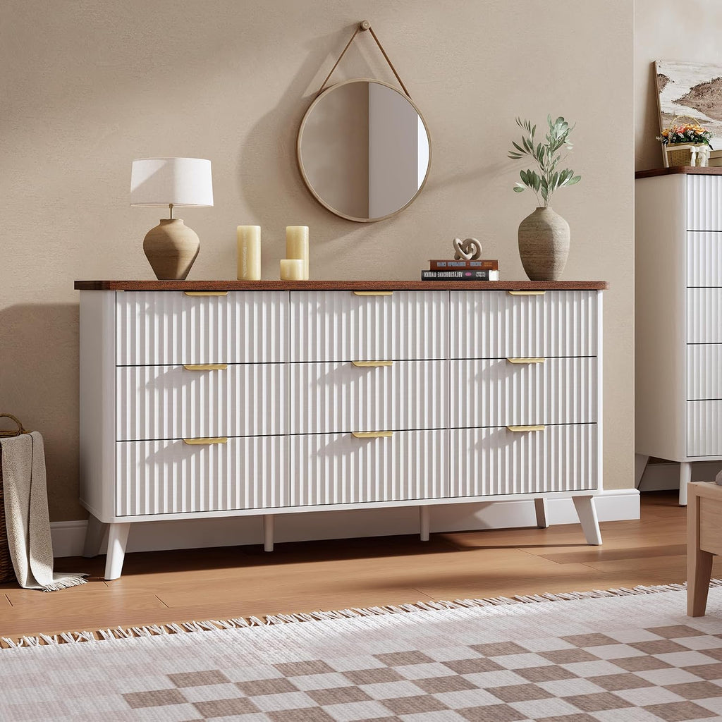 GarveeHome Fluted Dresser for Bedroom with 9 Deep Drawers, 60.6 in Wide Modern Chest of Drawers, Wooden Dresser TV Stand, Curved Profile Design, for Living Room, Kids Room, Hallway, White