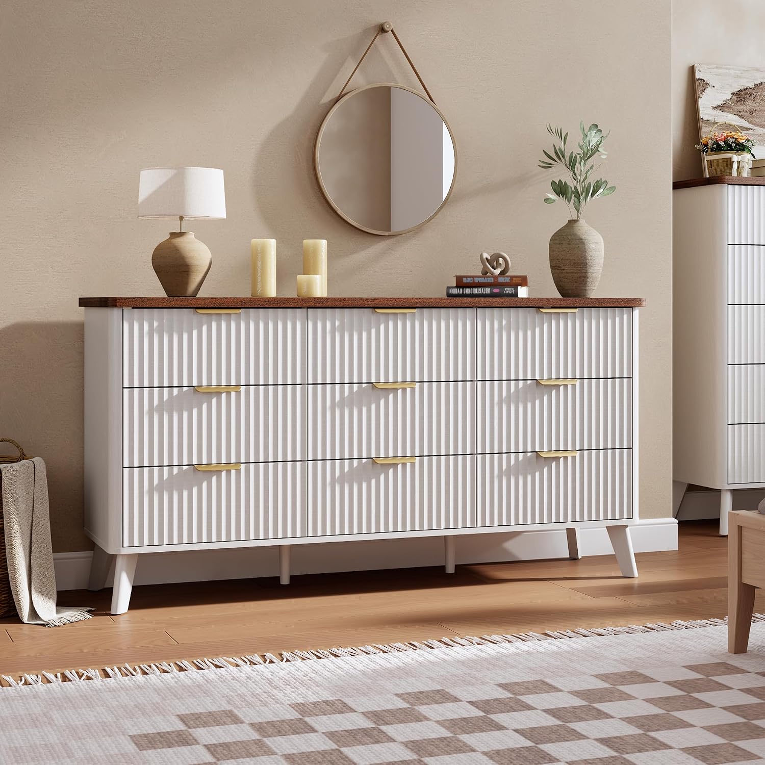 GarveeHome Fluted Dresser for Bedroom with 9 Deep Drawers, 60.6 in Wide Modern Chest of Drawers, Wooden Dresser TV Stand, Curved Profile Design, for Living Room, Kids Room, Hallway, White
