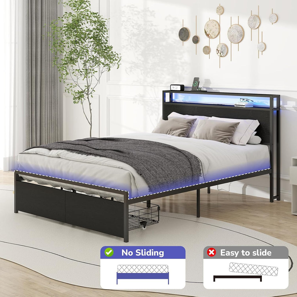 Zevemomo Full Size Bed Frame with 2 Storage Drawers, Bed Frame Full Size with Headboard, LED Light, Charging Station with 2 USB Ports & 2 AC Ports, No Noise, Black