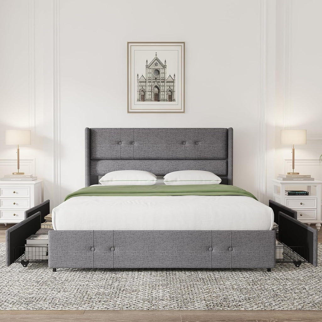 Novilla Queen Size Bed Frame Platform with 4 Storage Drawers and Fabric Upholstered Headboard, Strong Wooden Slats, Non-Slip and Noise-Free Queen Bed Frame, Easy Assembly, Grey