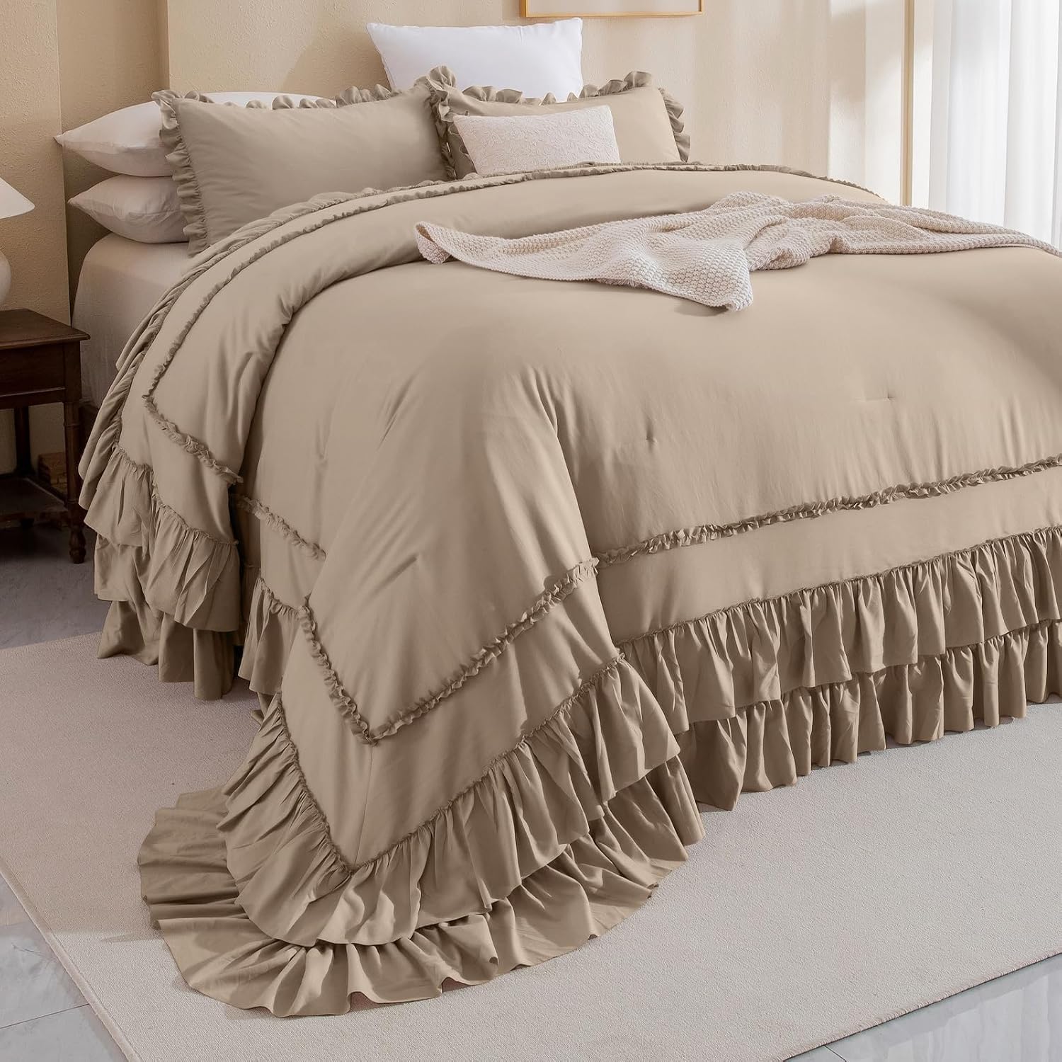 Masaca Oversized King Comforter 120x120,3 Pieces Farmhouse Ruffle Bedding Comforter,Light Taupe Shabby Boho Chic Oversized Comforter King Size,Lightweight Soft Microfiber Cal King Bedding Set