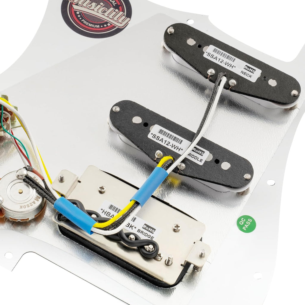 Musiclily Pro Auto-Split HSS Loaded Pickguard ST Prewired Pickguard with Artec Alnico 5 Single Coil Humbucker Pickups for American/Mexico Import Squier Strat Electric Guitar, 3ply White