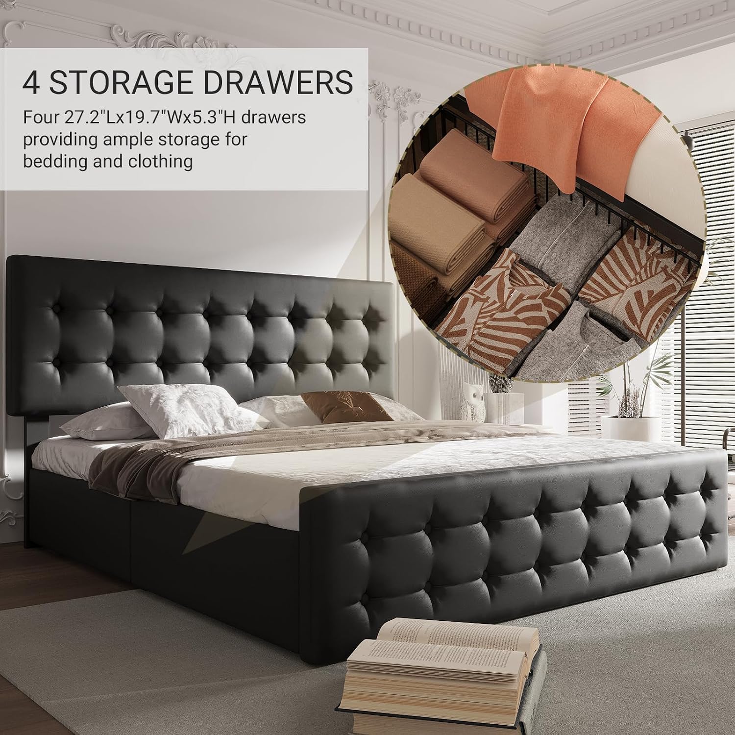 King Size Platform Bed Frame with 4 Storage Drawers & Headboard, Faux Leather Upholstered, Button Tufted Design, Wooden Slats Support, Noise-Free Mattress Foundation, No Box Spring Needed, Black