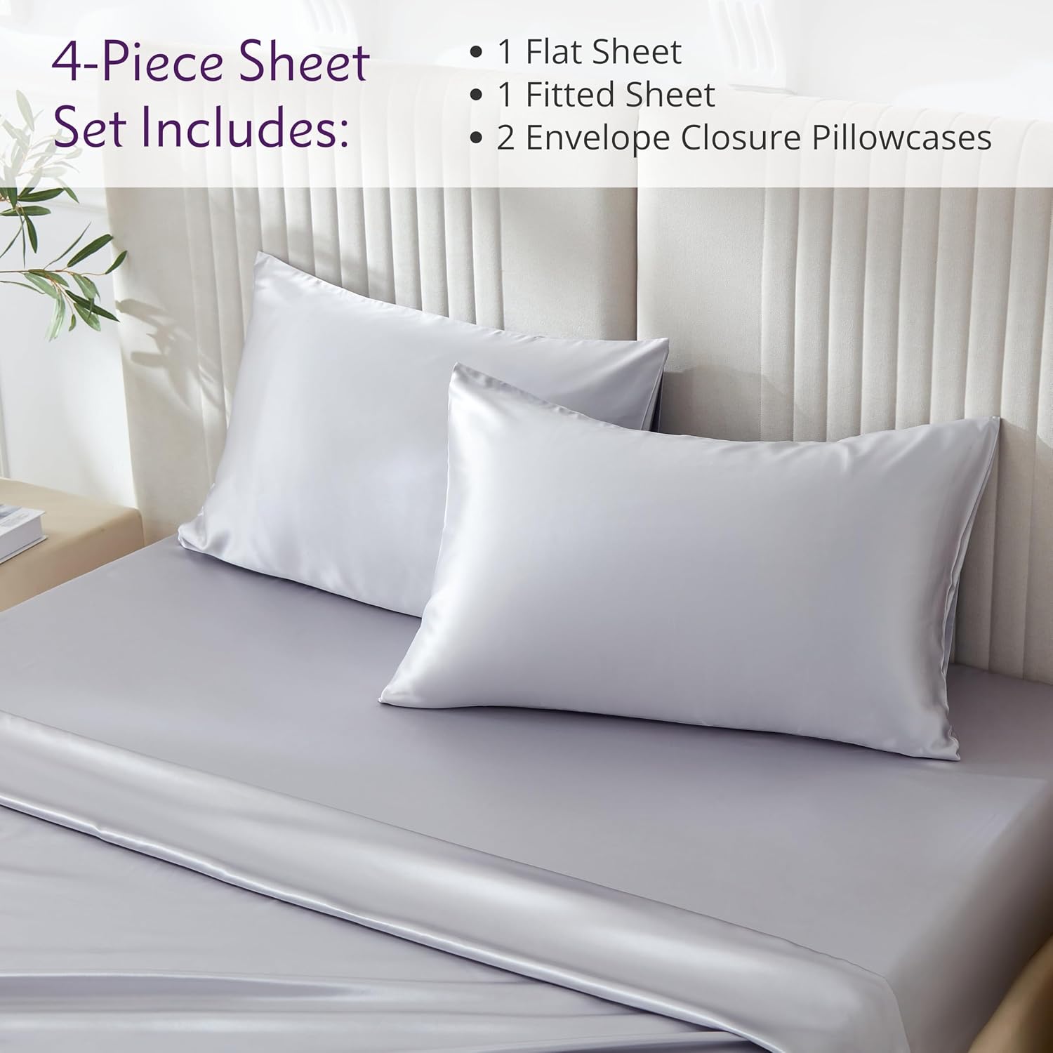 Mulberry Park 100% Pure Cal King Silk Sheet Set 4 Pcs - 22 Momme 6A Mulberry Silk Bed Sheets with 15' Deep Pocket - Breathable, Ultra-Soft, Oeko-TEX Certified, Seamless - Silver