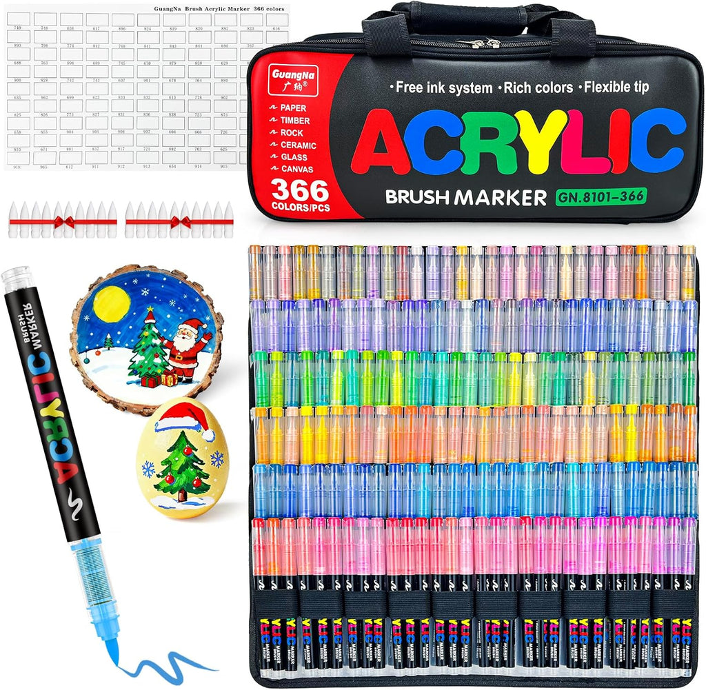 Guangna 366 Acrylic Paint Markers, Brush Tip Acrylic Paint Pens, Quick-Drying Waterproof Ink, for Rock Painting Plastic Wood Canvas Glass Ceramic Metal Art Crafts Supplies Gift