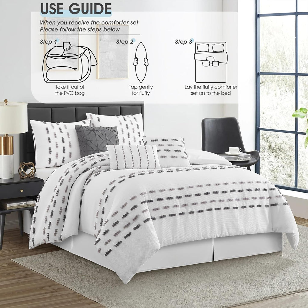 LANCO MODERN LIFESTYLE White Grey 7 Piece Comforter Set, Queen, Clip Waffle Texture Stripe Design, Soft Polyester Bedding for All Seasons, Includes Bedskirt, Shams and Decorative Pillows