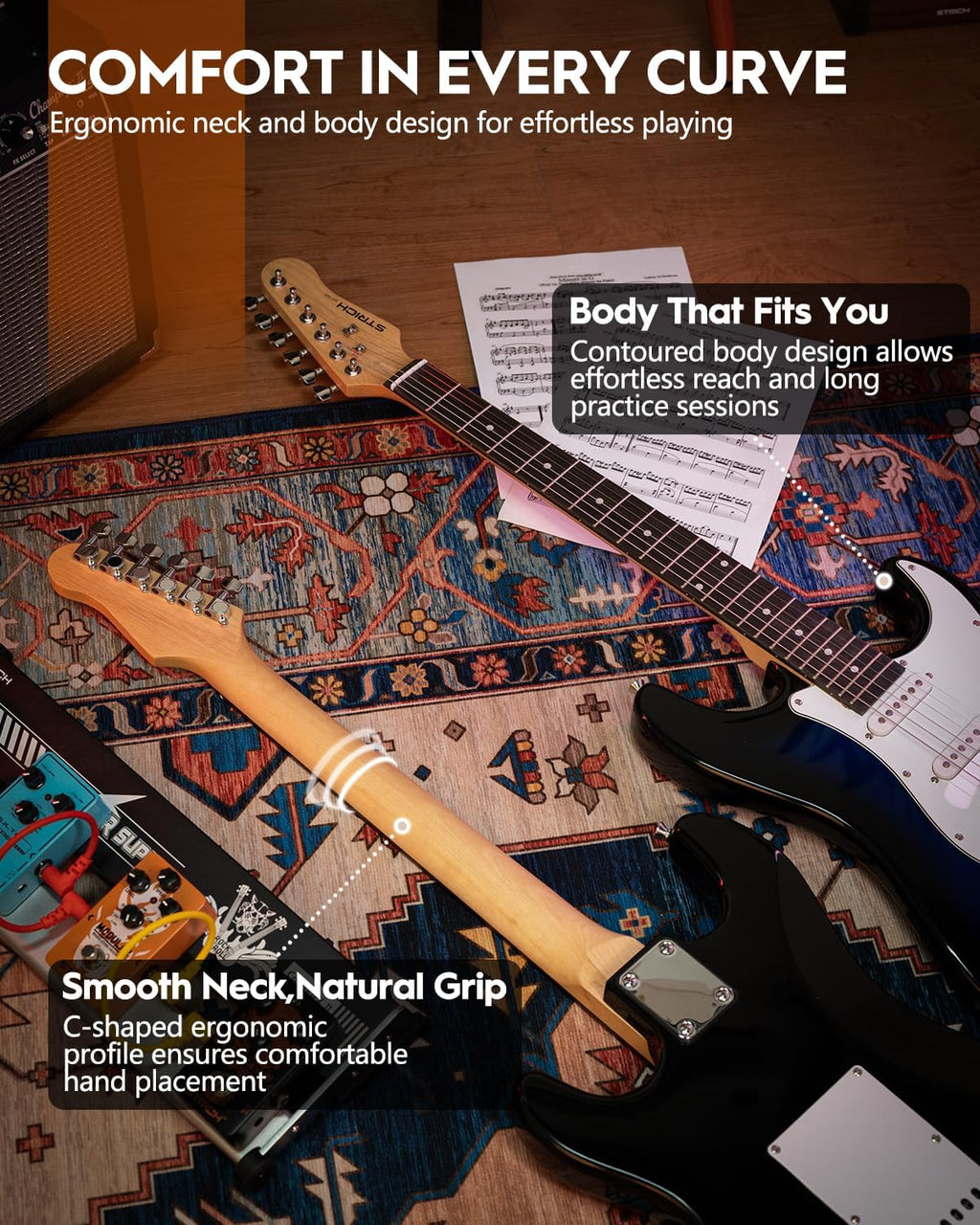 STRICH Electric Guitar Beginner Kit, Solid Body 39' Full Size Electric Guitar SSS Pick Up for Starter,with Bag, Digital Tuner, Capo, Strap, String, Cable, Picks, SST-S10 Midnight Blue Burst