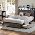 VINGLI LED Queen Bed Frame with 4 Storage Drawers and Adjustable Headboard Shelf, Metal Platform Panel Bed with Charging Station for Kids Teens, Adults, No Box Spring Needed, Wash Gray