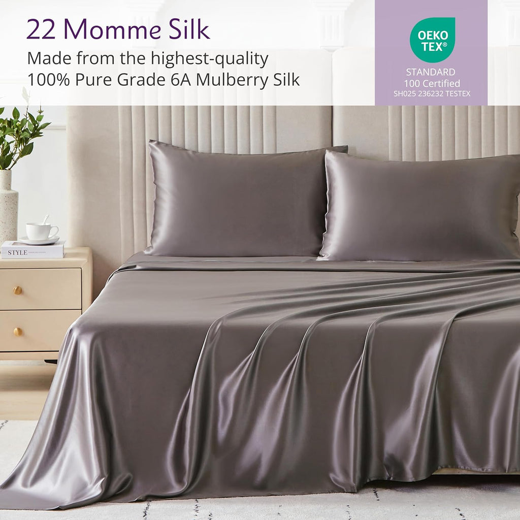 Mulberry Park Silks - 22 Momme 100% Mulberry Silk Sheets - Queen Size Bed Set - 16' Pocket - Luxurious Bed Sheets & Pillowcases, Skin-Friendly & Breathable - Charmeuse Silk for Hair Care - Gunmetal
