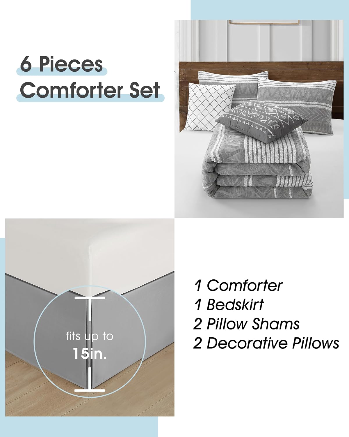 LANCO MODERN LIFESTYLE Cotton Comforter Set King Size, Gorgeous Geometric Jacquard, Grey Soft Lightweight Bedding Set for All Seasons, 6 Pieces with Bedskirt, Pillow Shams and Decor Pillows