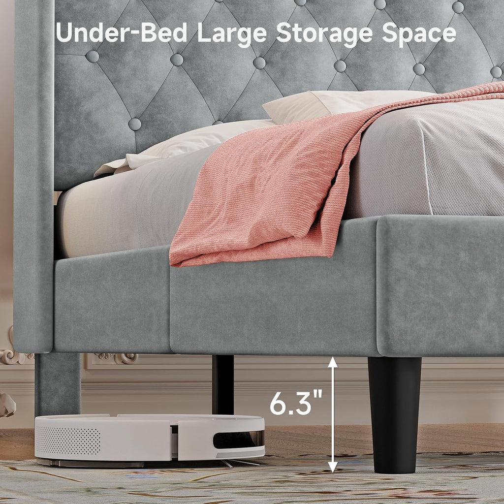 koorlian Queen Bed Frame with Headboard, Adjustable Velvet Upholstered Bed Frame with Type-C&USB Ports, Wingback Storage Headboard, Solid Wood Slats Support, No Box Spring Needed, Light Gray