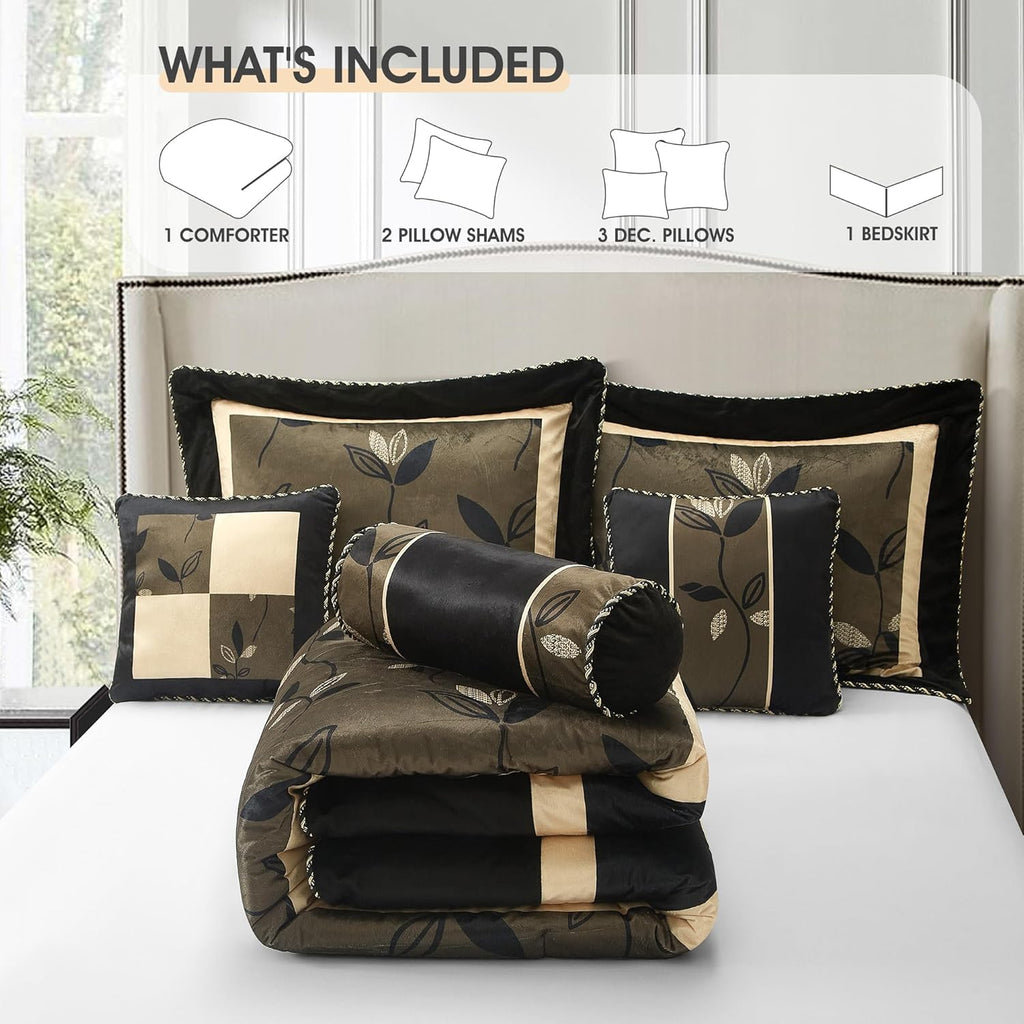 LANCO MODERN LIFESTYLE Black and Gold Comforter Set, Full, Short Plush Print with Leaves Pattern, Ultra Soft, 7 Piece Bedding Set, Bed in a Bag, Bedskirt, Shams and Decorative Pillows