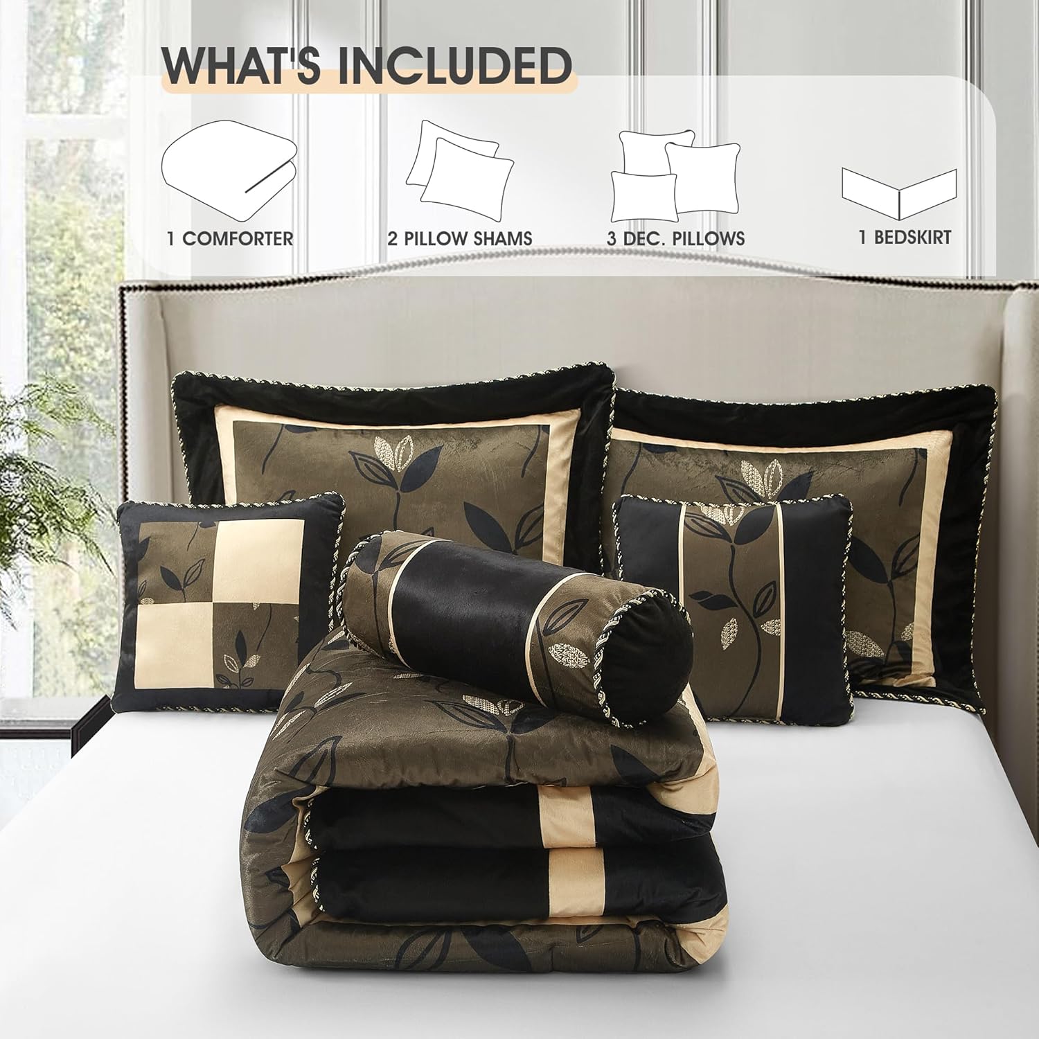 LANCO MODERN LIFESTYLE Black and Gold Comforter Set, Full, Short Plush Print with Leaves Pattern, Ultra Soft, 7 Piece Bedding Set, Bed in a Bag, Bedskirt, Shams and Decorative Pillows