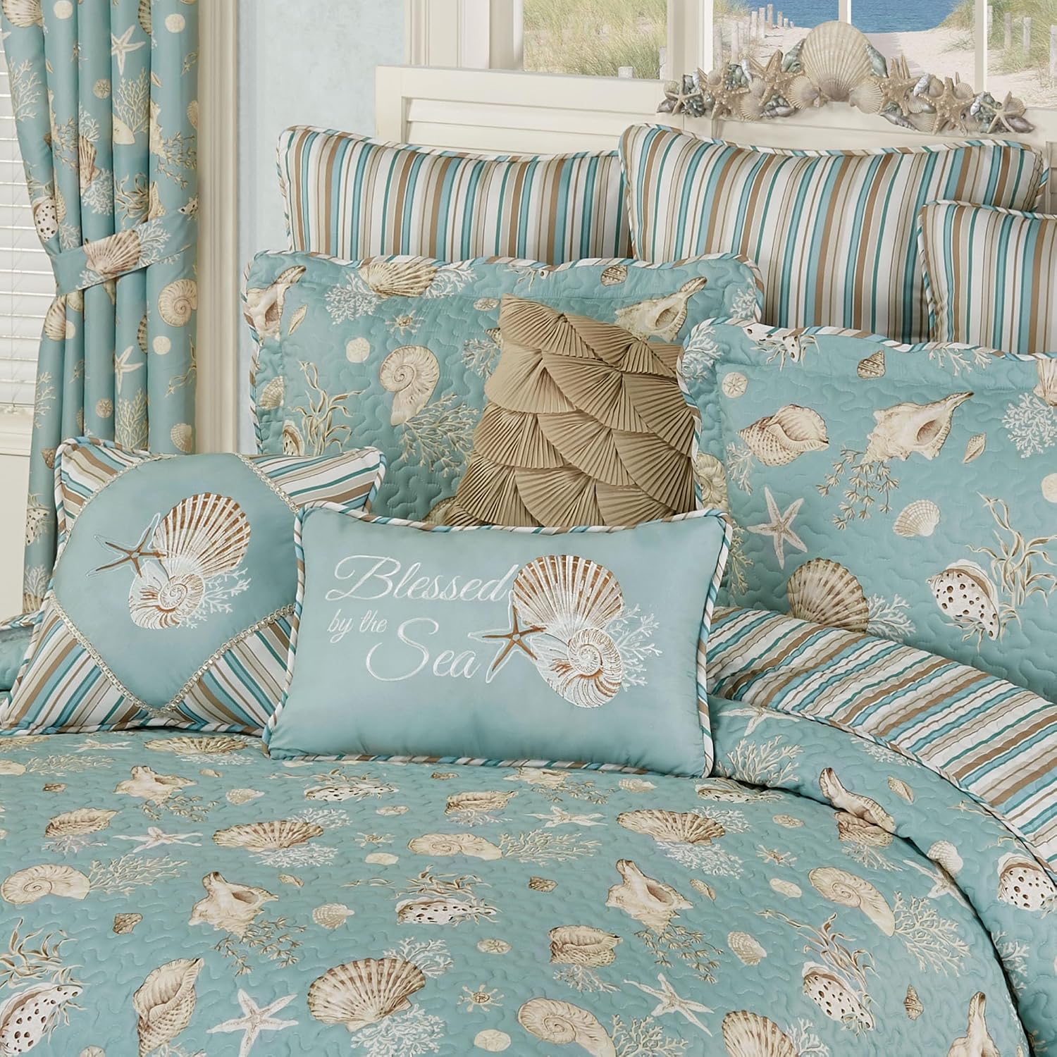 Touch of Class Seabreeze Coastal Beach Bedding | All Season Quilted | Shell Starfish Coral Stripe | Aqua Teal Ivory Cream | 6 Pc Set: King Bedspread, 2 King Shams, 3 Decorative Pillows