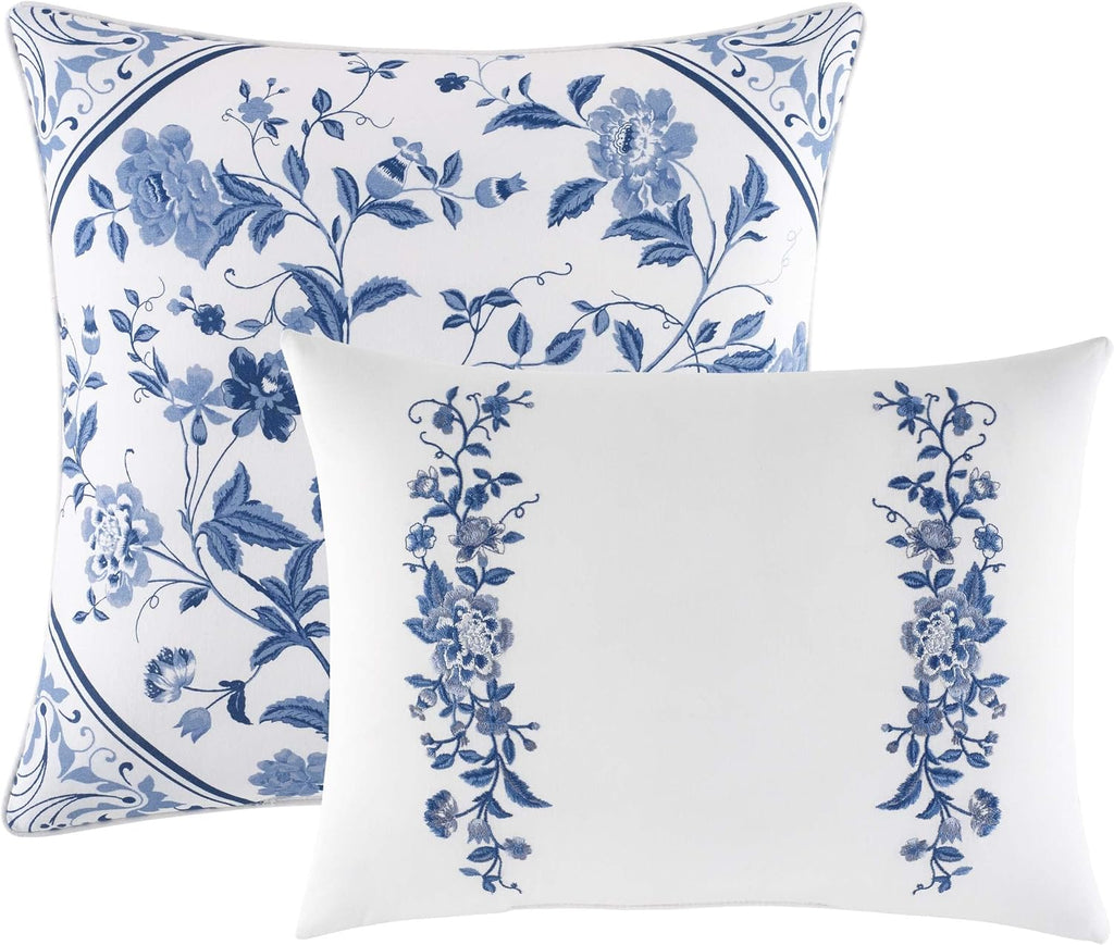 Laura Ashley - King Comforter Set, Reversible Cotton Bedding, Includes Matching Shams with Bonus Euro Shams & Throw Pills (Elise Blue, King)