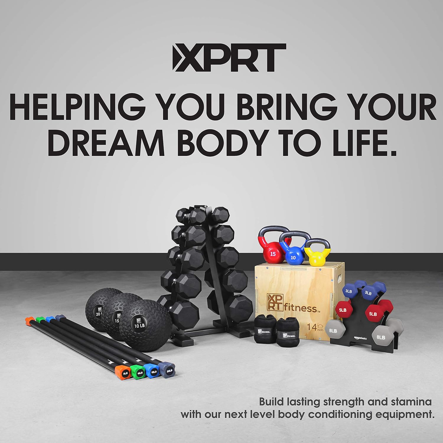 XPRT Fitness 150 lb Rubber Coated Dumbbell Set With Storage Rack (5/10/15/25/25lb Pair of Each)
