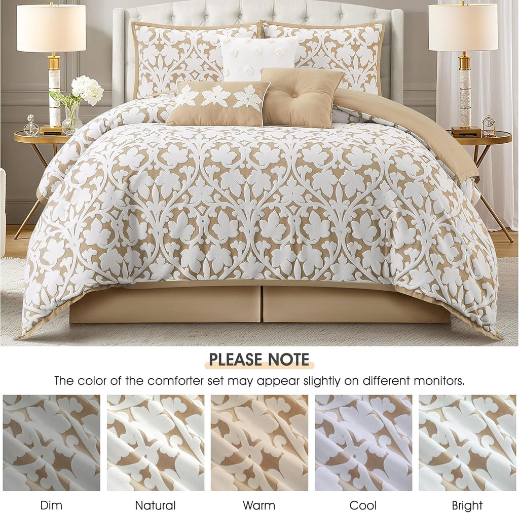 LANCO MODERN LIFESTYLE 7 Pieces Comforter Set, King, Khaki, Jacquard Floral Pattern and Classy Damask Medallion Design, Ultra Soft, Includes Bed Skirt, Shams, and Decorative Pillows