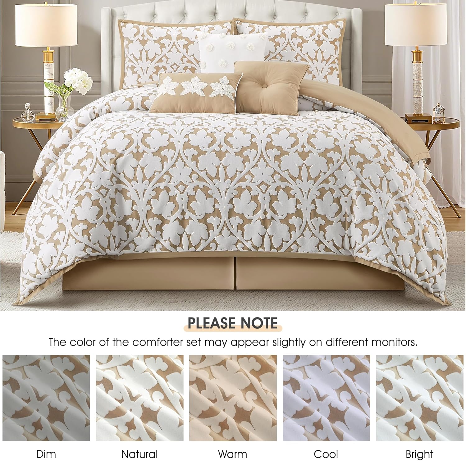 LANCO MODERN LIFESTYLE 7 Pieces Comforter Set, King, Khaki, Jacquard Floral Pattern and Classy Damask Medallion Design, Ultra Soft, Includes Bed Skirt, Shams, and Decorative Pillows