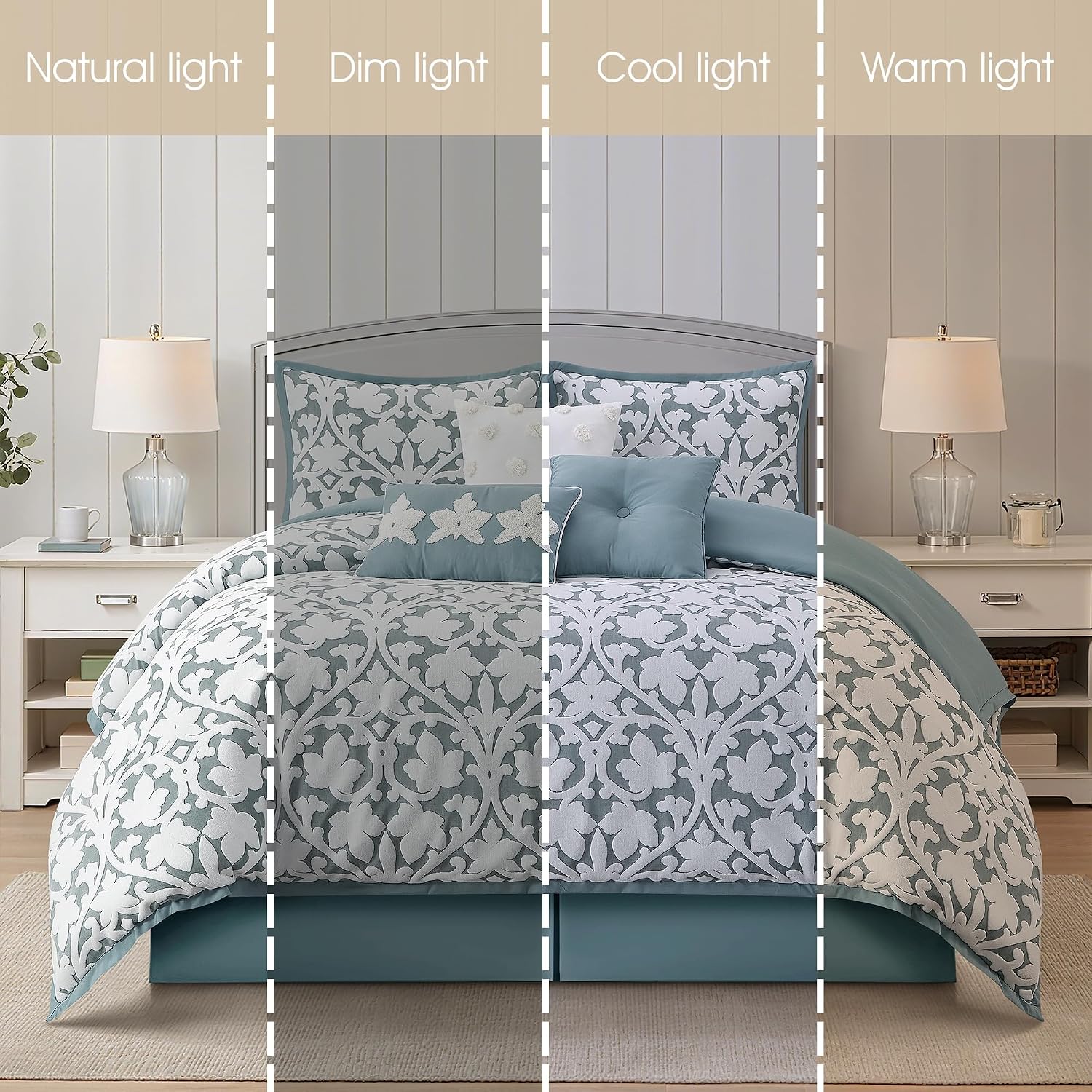 Grand Avenue 7 Piece Blue Comforter Set, Queen Size Jacquard Bedding Set, All Season Floral Leaves Bedding, Matching Pillows, Shams, Bed Skirt