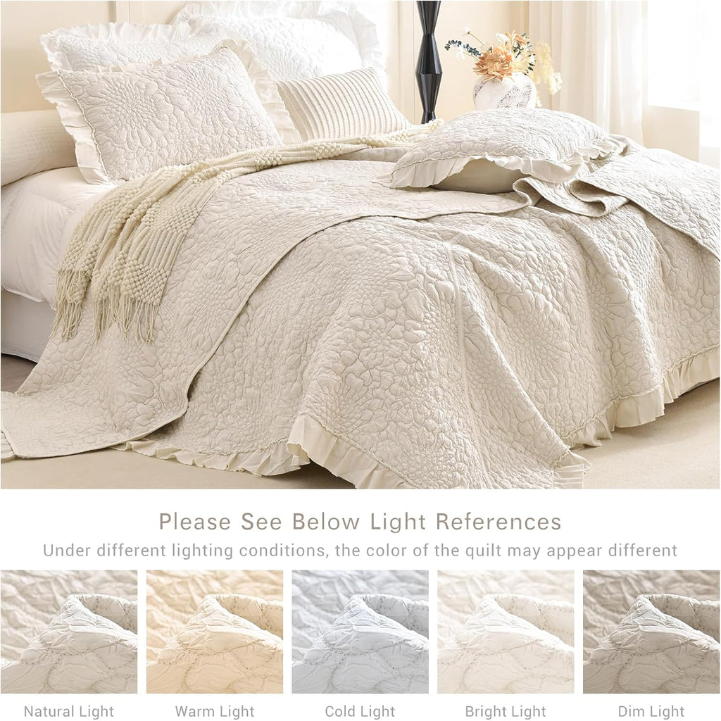 Lady Ann Wheat Quilt Sets Queen 102x118,Stone-Washed Lightweight Ruffle Coverlet, 3Pcs Quilted Crinkled Shabby Bedspread Set Farmhouse Rustic Bedding Set for All Season