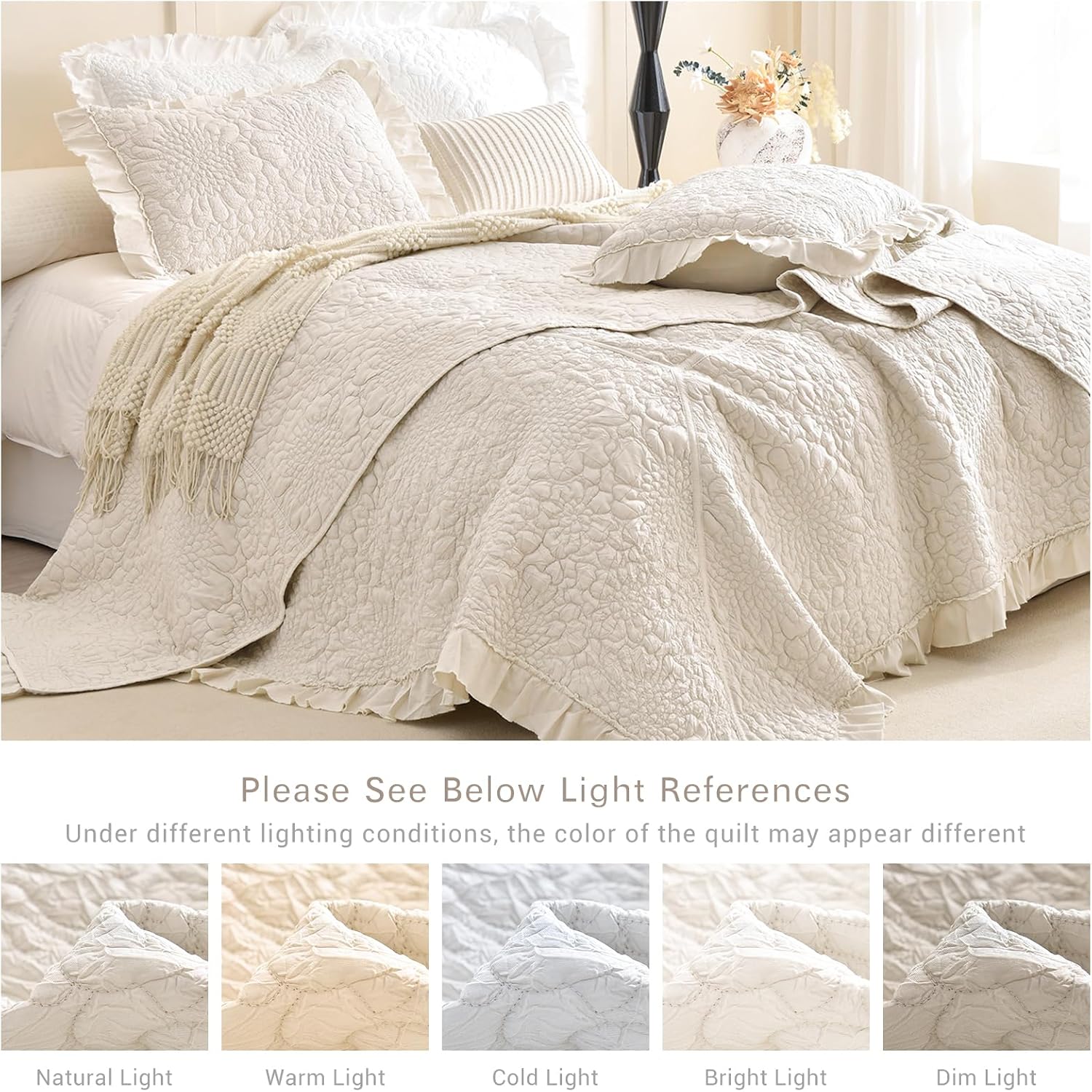 Lady Ann Wheat Quilt Sets Queen 102x118,Stone-Washed Lightweight Ruffle Coverlet, 3Pcs Quilted Crinkled Shabby Bedspread Set Farmhouse Rustic Bedding Set for All Season