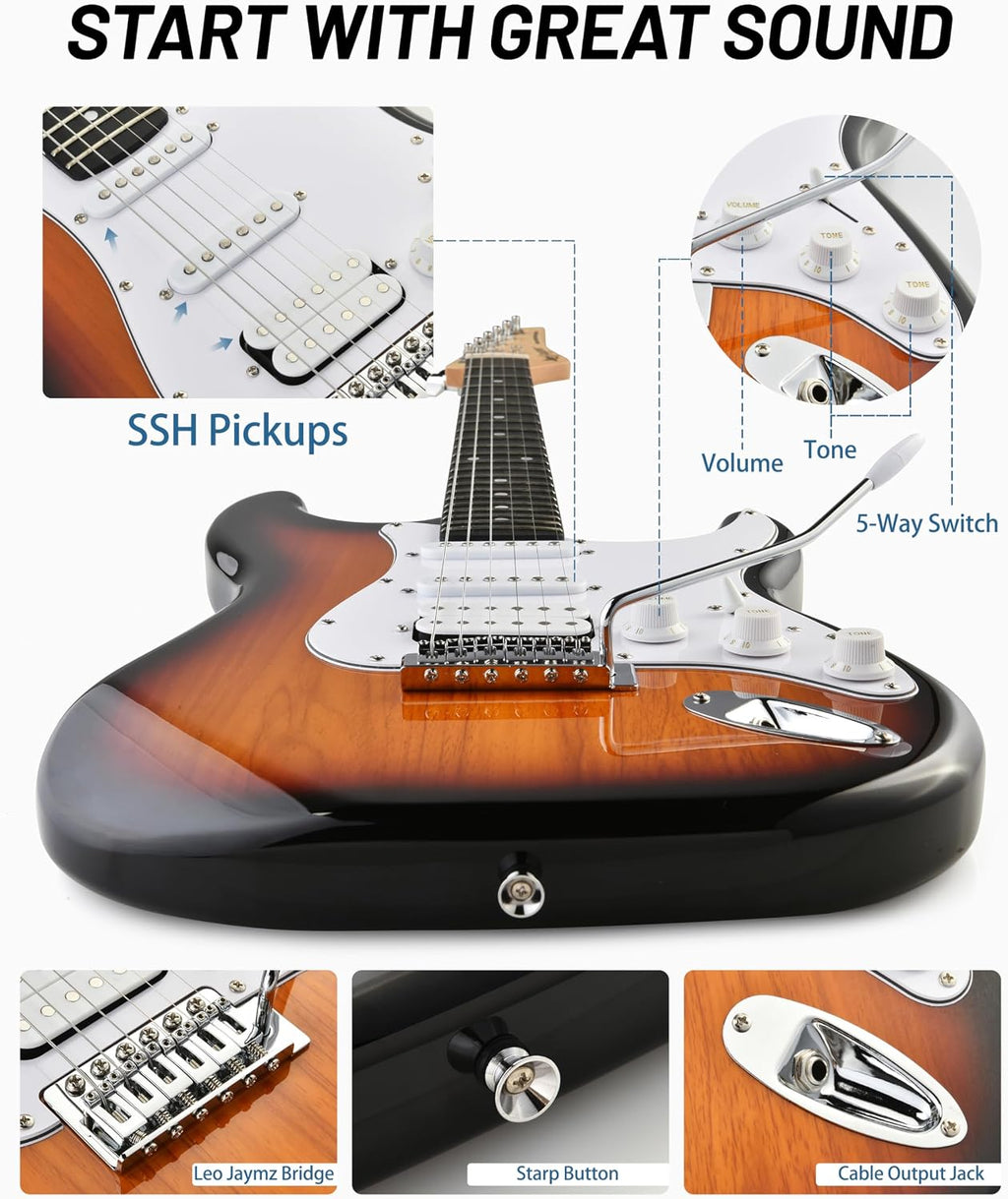 Leo Jaymz Beginner Electric Guitar Complete Kit with Portable Amp, Padded Gig Bag & Full Accessories, Maple Neck HSS Pickups (Sunburst-HSS)