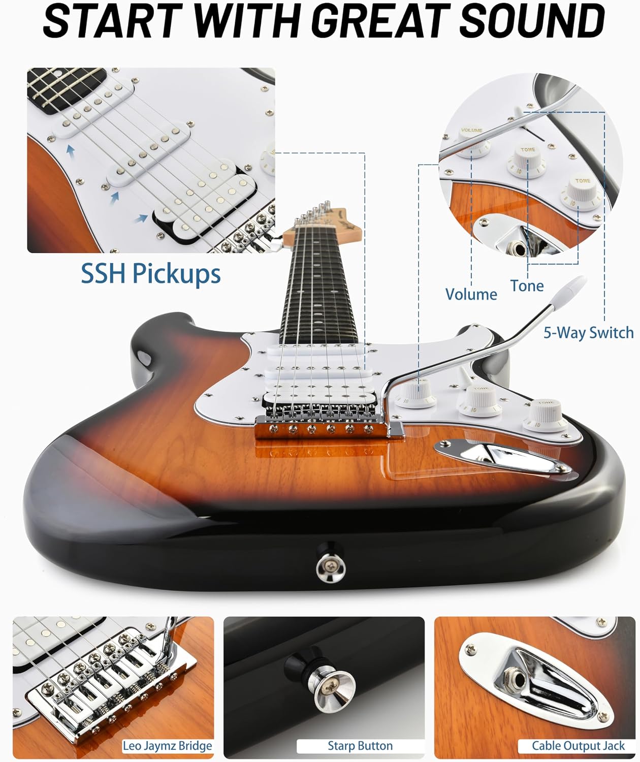 Leo Jaymz Beginner Electric Guitar Complete Kit with Portable Amp, Padded Gig Bag & Full Accessories, Maple Neck HSS Pickups (Sunburst-HSS)