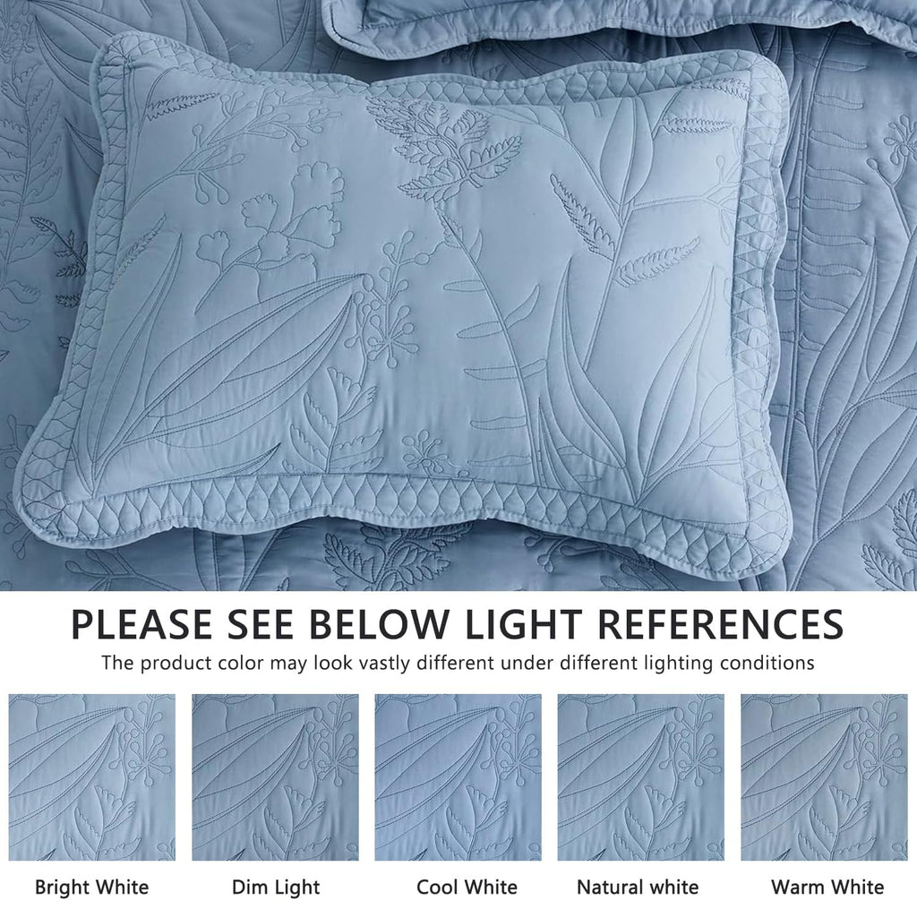 DaisyHuang Botanical Oversized Bedspread King Size - Leaves Pattern Stitching Quilt Set - Elegant & Fresh Style Bedding Coverlets, Reversible, Lightweight, 5 Piece, Ashley Blue