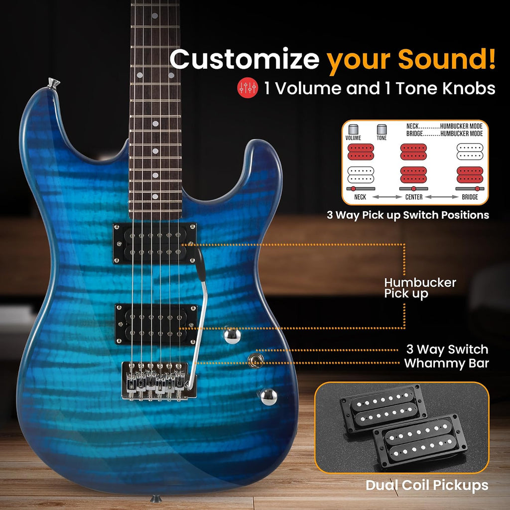 Pyle Electric Guitar Kit with Amp, Full Size Instrument with Humbucker Pickups, Guitarra Electrica Amplifier and Beginner Bundle Accessories, 39' (Legacy Blue)