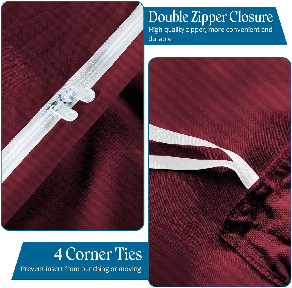 800TC 3 Sided Zipper Duvet Cover Set Soft Egyptian Cotton 3 Sided Zipper Closure, 3 PCS 1-Duvet Cover & 2- Pillow Shams - King-XL Size (98' x 116') Inches, (Burgundy Stripe)