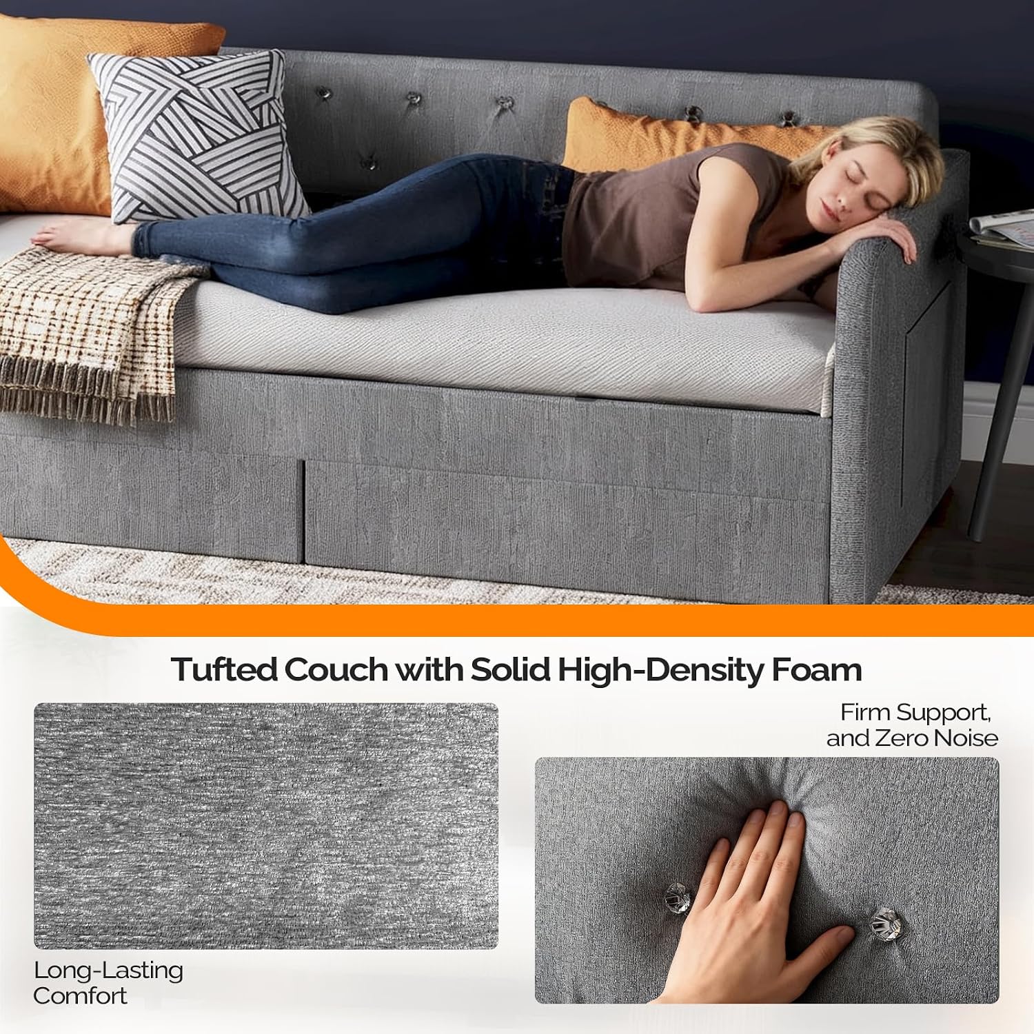 VINGLI Twin Size Daybed with 2 Storage Drawers and Pockets, Chenille Fabric with Diamond Buttons, Upholstered Comfy Sleeper Couch Sofa Bed for Living Room, Movie Room, Bedroom, Gray