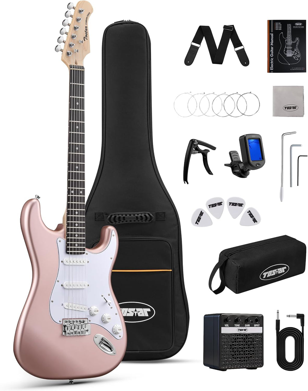 Tostar 39' Full Size Electric Guitar Kit For Beginners and Adults, SSS Pickup Guitarra Electrica Set Includes Tremolo Bridge, Lightweight Matte Finish, Amp, Strings, Gig Bag, Birthday Gifts, Champagne