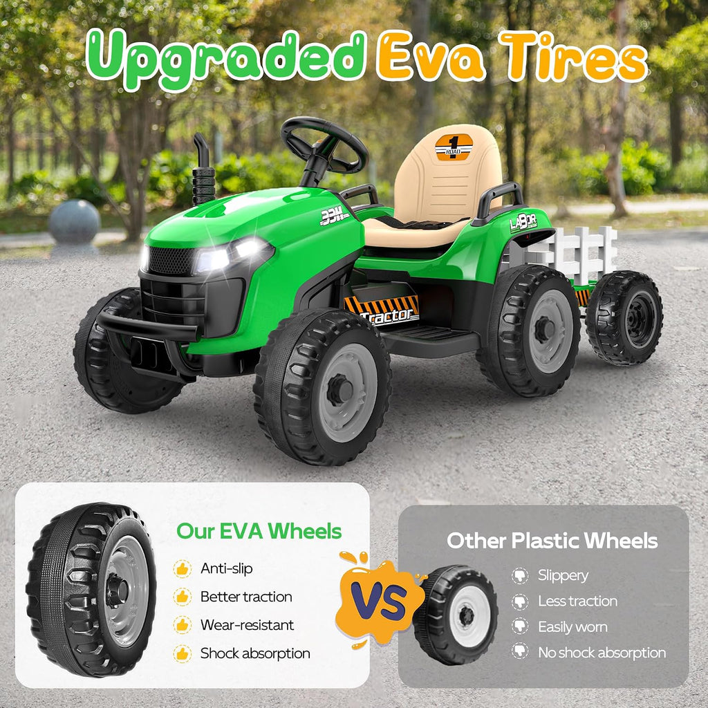 ANPABO 24V Ride On Tractor w/Tiltable & Detachable Trailer, EVA Tires, Up to 4.3Mph, Ride On Toys with Parental Remote, Realistic Tractor Sound & Chimney, Music Player, LED Light, Green