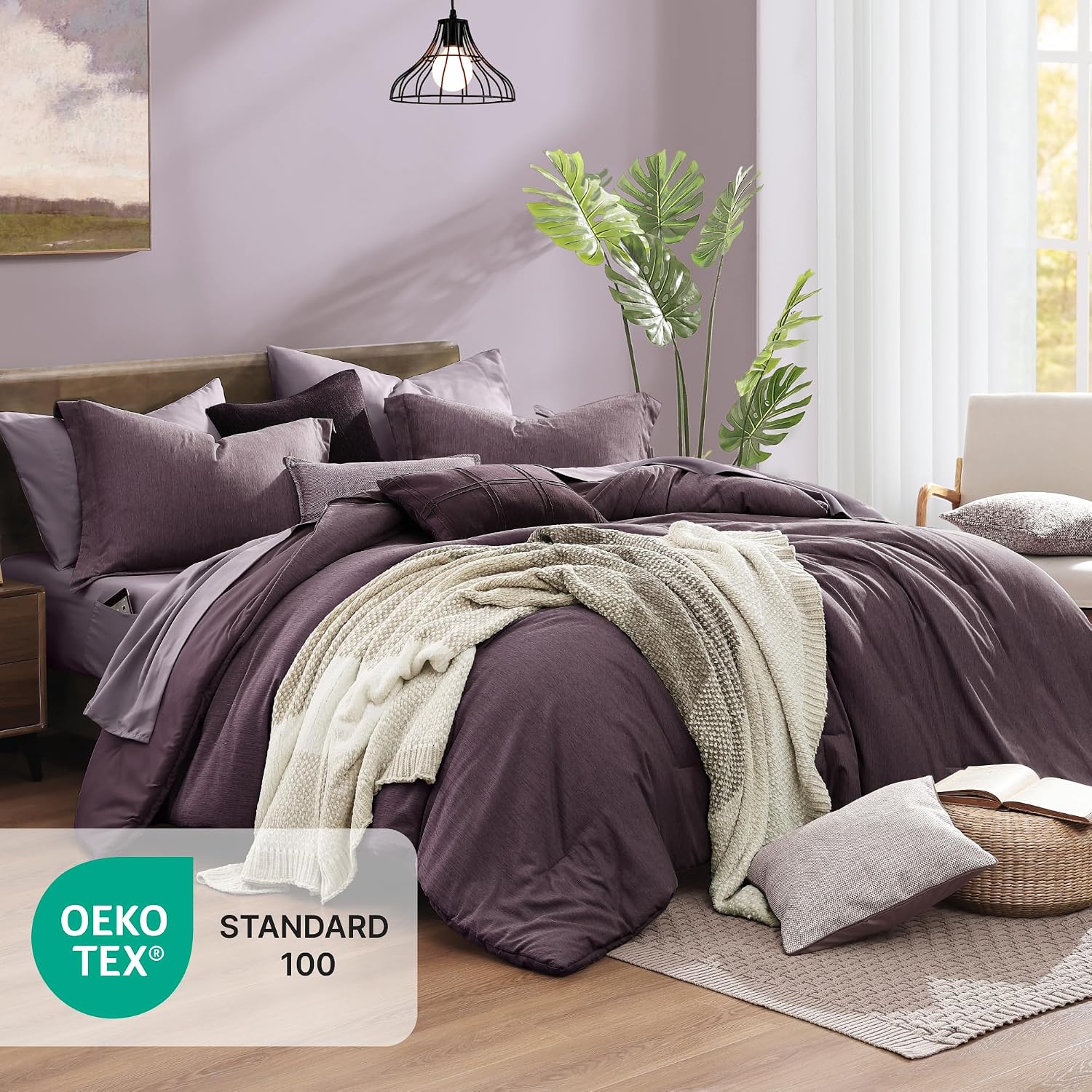 Monbix Super King Comforter Set, Italian Plum Cationic Dyeing Bedding Set Reversible, Bed in a Bag 7 Pieces with Comforter, Sheets, Pillowcases & Shams